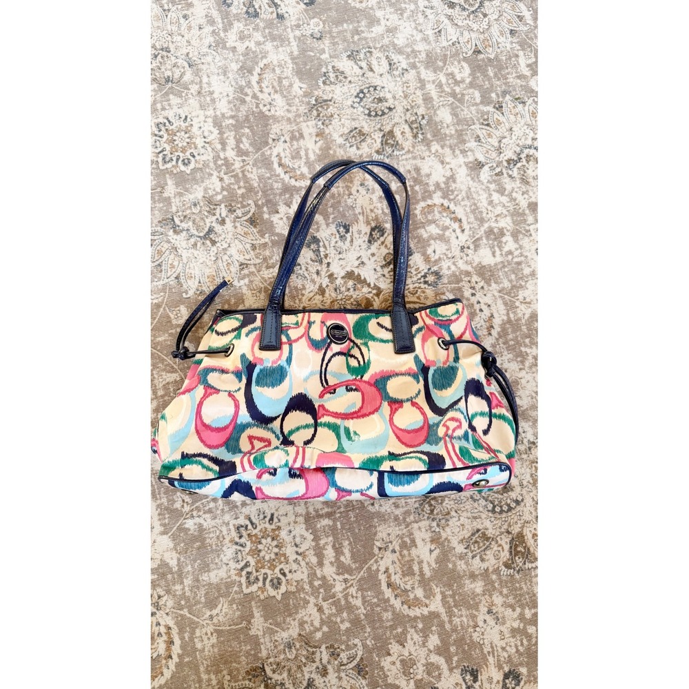 Coach Poppy Graffiti Print Tote Shoulder Bag Navy‎ Blue Leather Trim